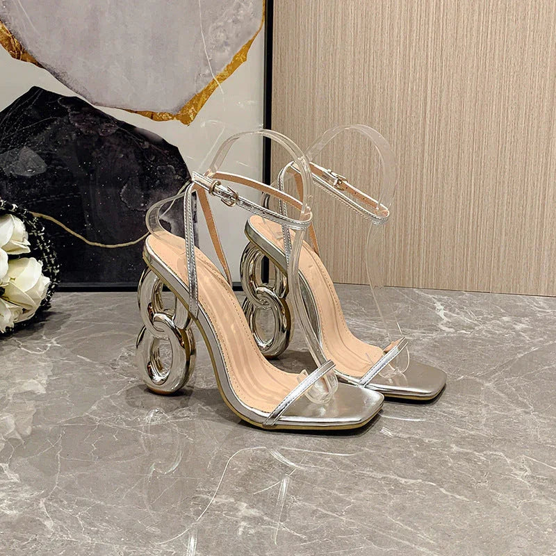 Thin Strap Square Toe Abnormal Shape Heels Catwalk High Heel Sandals - VAleG