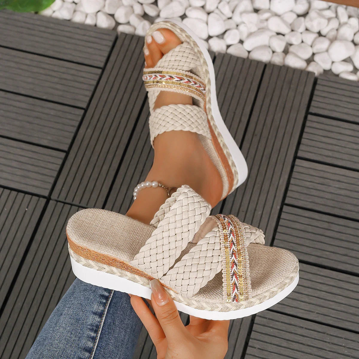 Thick Bottom Ladies Hemp Rope Woven Casual Slippers - VAleG