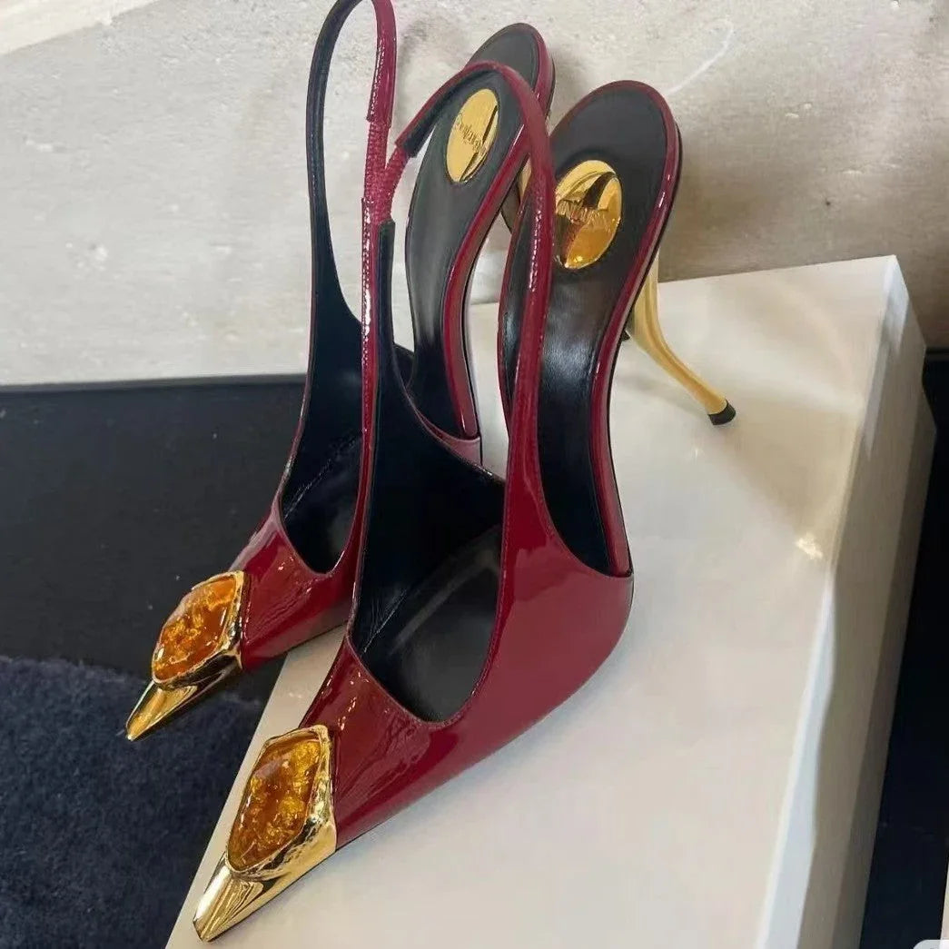Gem Square Toe Stiletto Heel Hollow High Heel Shoes - VAleG