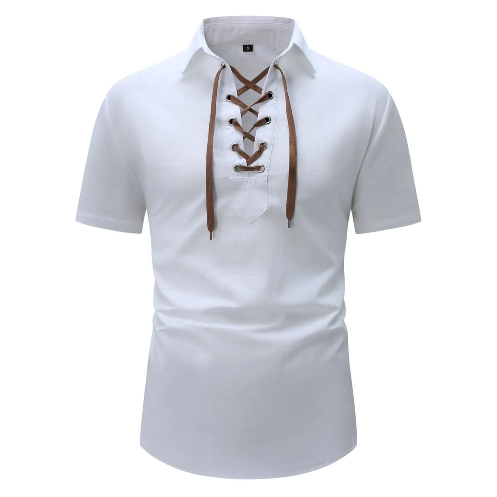 European And American Men's Cotton And Linen Lapel Loose V-neck Lace Shirt - VAleG