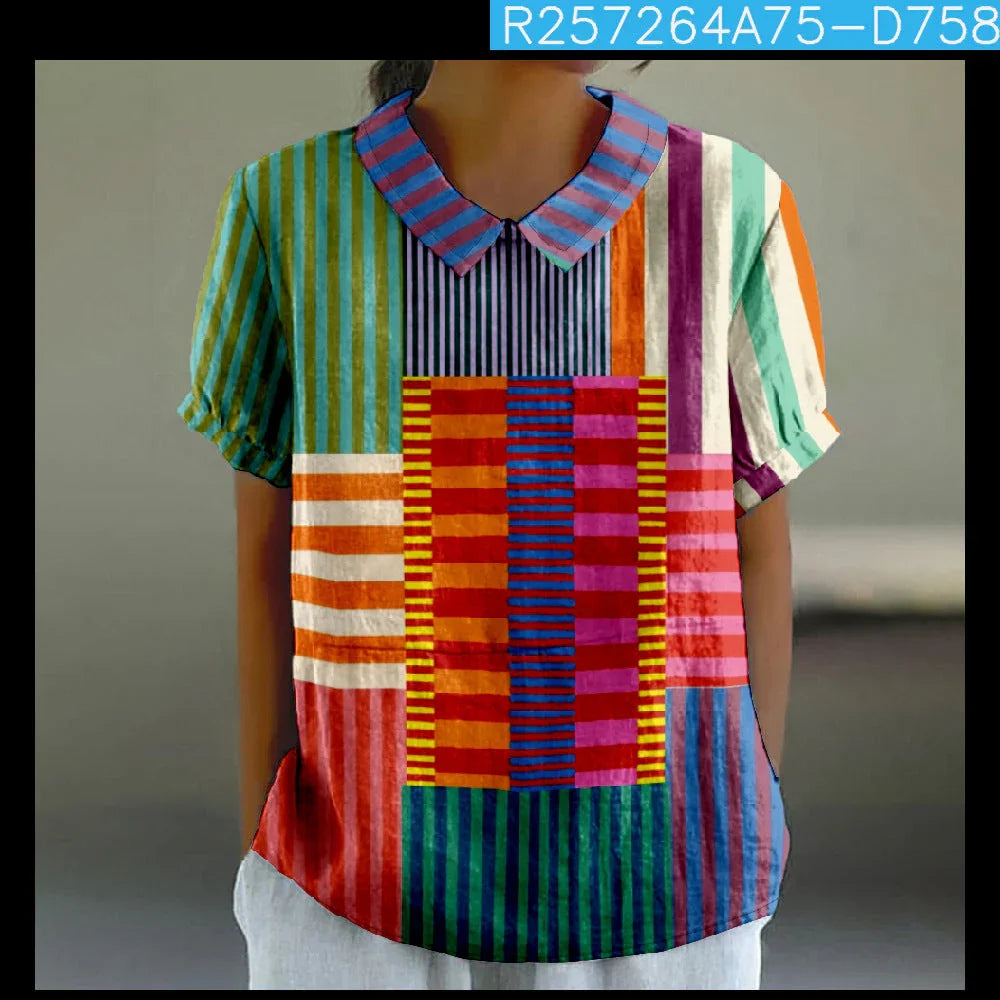 Printed Loose Casual Women's Lapel T-shirt - VAleG
