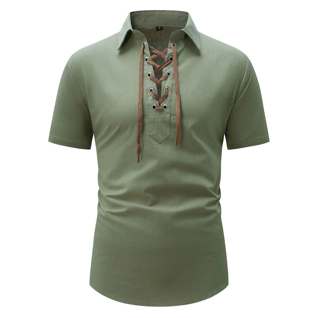 European And American Men's Cotton And Linen Lapel Loose V-neck Lace Shirt - VAleG