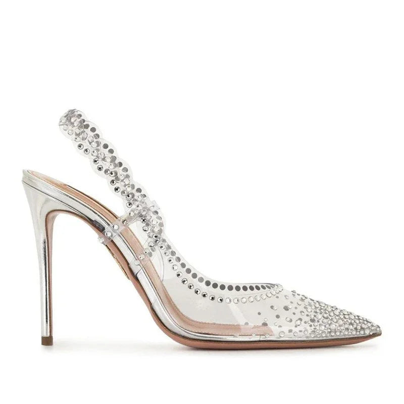 Rhinestone Pointed Toe Low-cut High Heels Rear Empty Stiletto Heel Pumps - VAleG