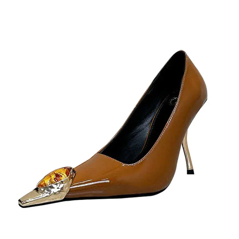 Gem Square Toe Stiletto Heel Hollow High Heel Shoes - VAleG