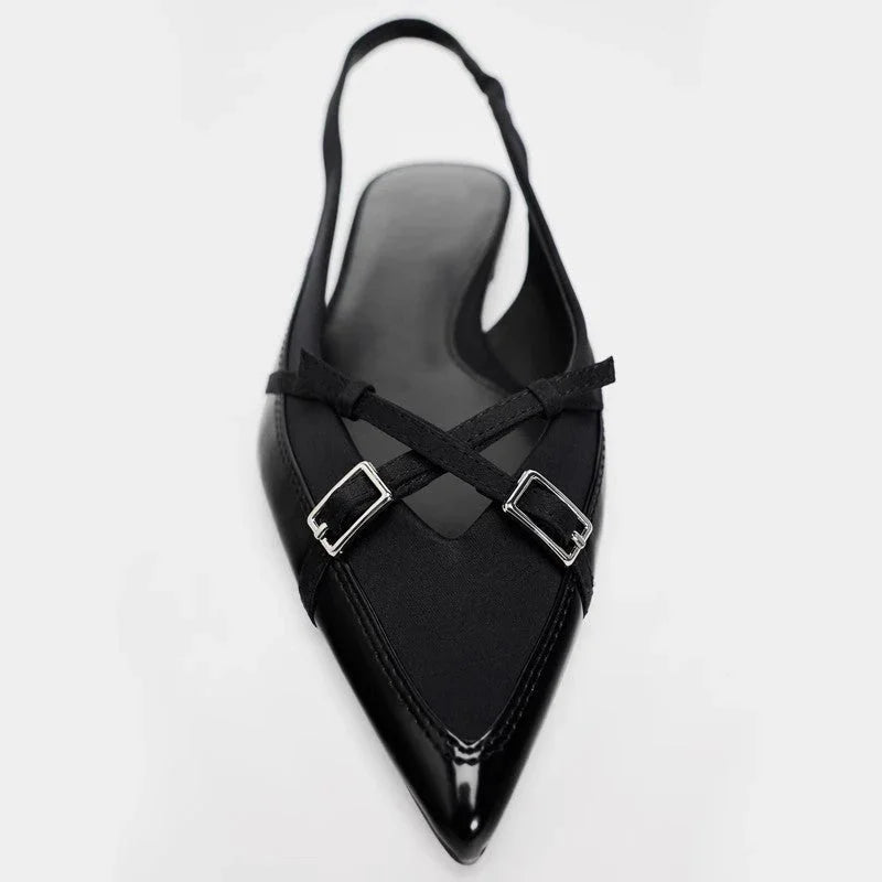 Closed Toe Sandals Women's Black Cross Strap Patent Leather Flat Casual Mules - VAleG
