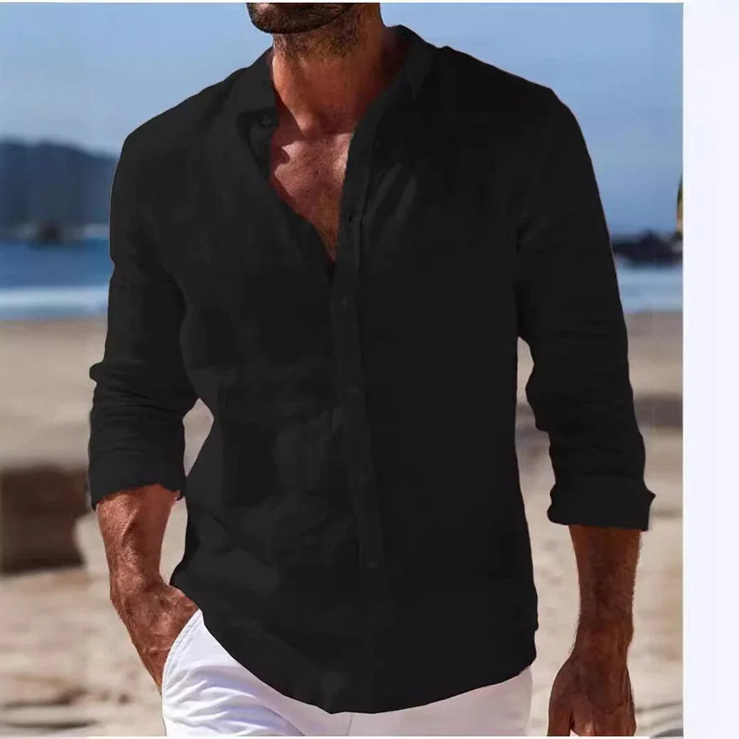 Men's Casual Cotton And Linen Solid Color Shirt - VAleG