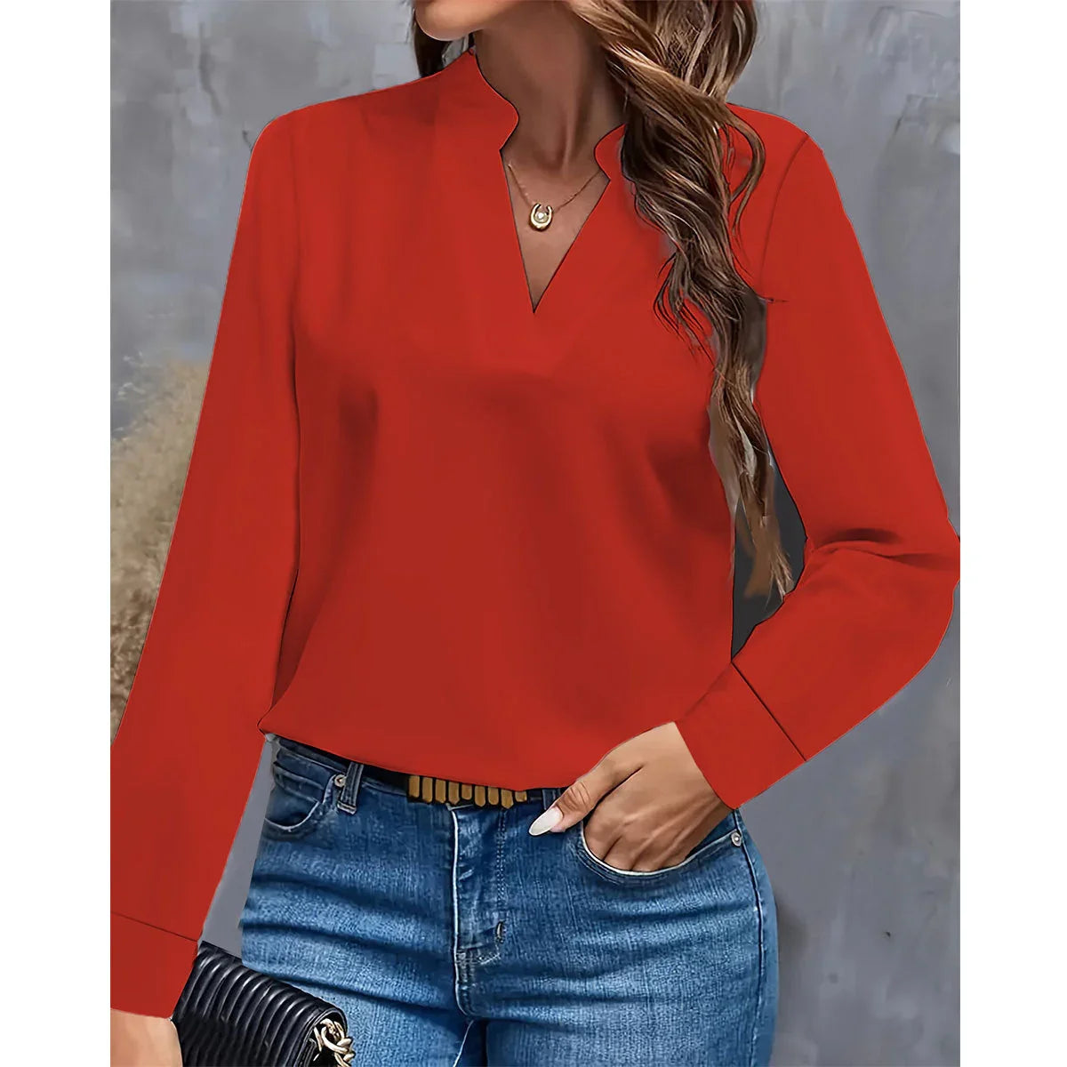 Simple Casual Solid Color And V-neck Loose Shirt Women's Top - VAleG
