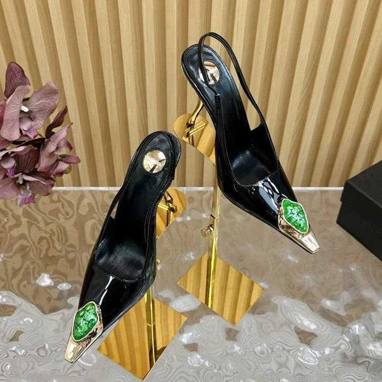 Gem Square Toe Stiletto Heel Hollow High Heel Shoes - VAleG