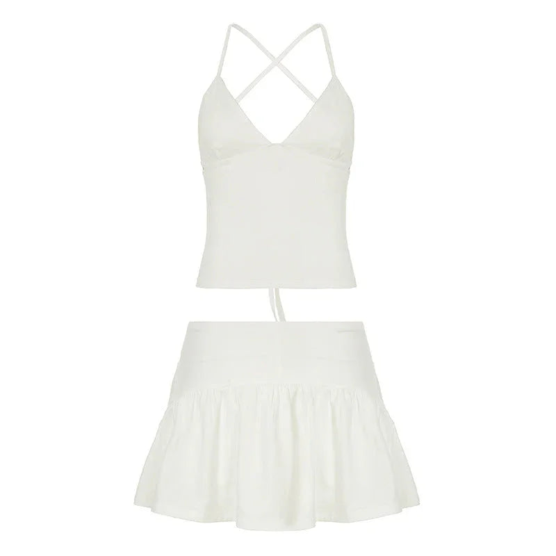 Solid Color And V-neck Hollow Out Strap Short Exercise Skirt Suit - VAleG