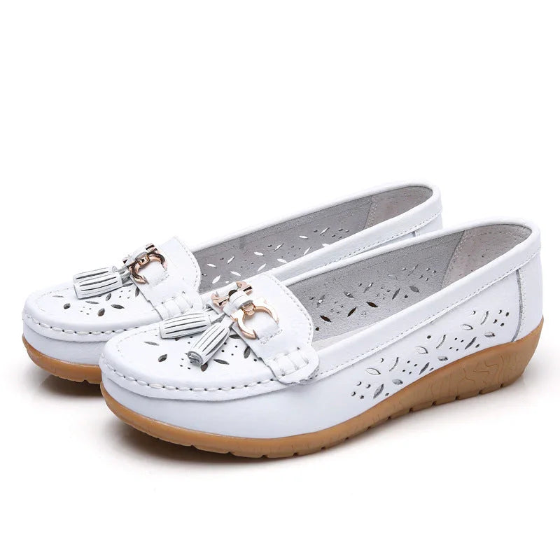 Women's Hollow Leather Shoes Soft Bottom Wedge Hole - VAleG