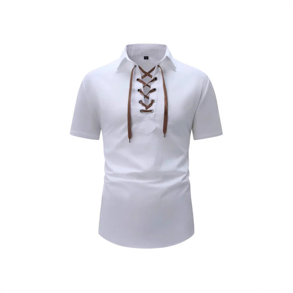 European And American Men's Cotton And Linen Lapel Loose V-neck Lace Shirt - VAleG