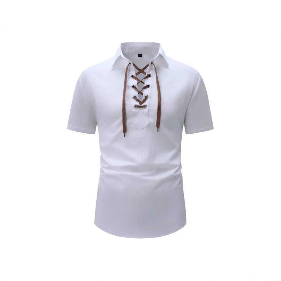 European And American Men's Cotton And Linen Lapel Loose V-neck Lace Shirt - VAleG
