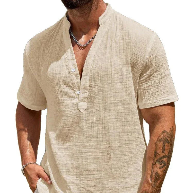 Men's Single-layer Solid Color Breathable Stand Collar Short-sleeved Shirt - VAleG