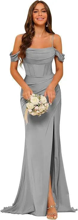 Off-the-shoulder Satin Bridesmaid Corset Ball Gown - VAleG