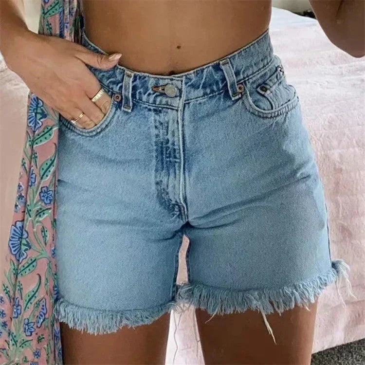High Waist Slimming Frayed Hand Frayed Denim Shorts - VAleG