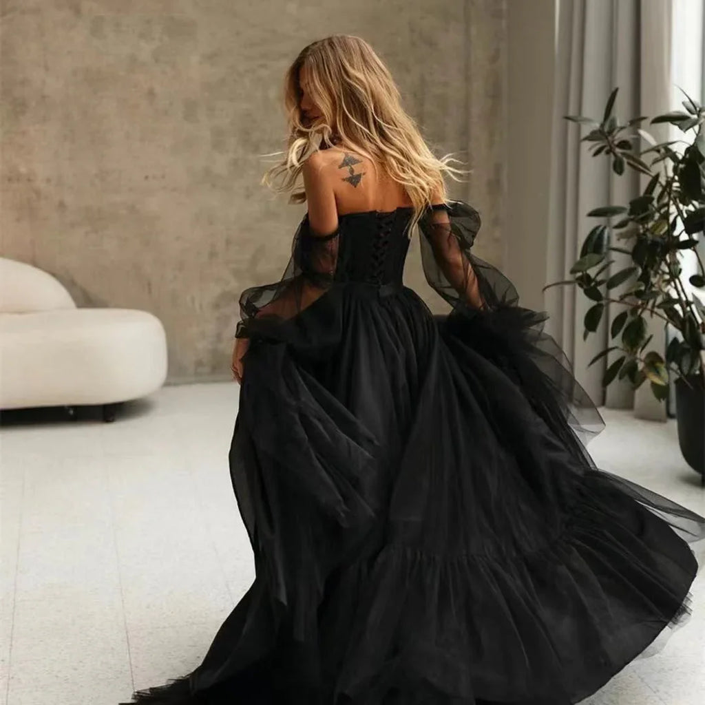 Women's Long Sleeve Transparent Lace Black Wedding Dress - VAleG