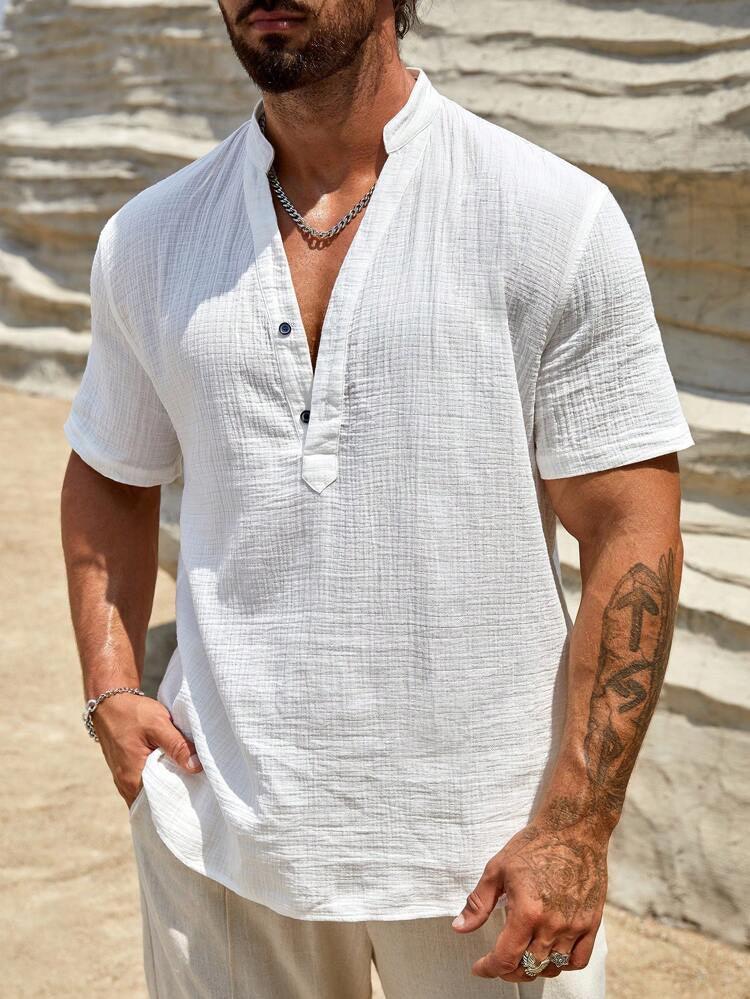 Men's Single-layer Solid Color Breathable Stand Collar Short-sleeved Shirt - VAleG