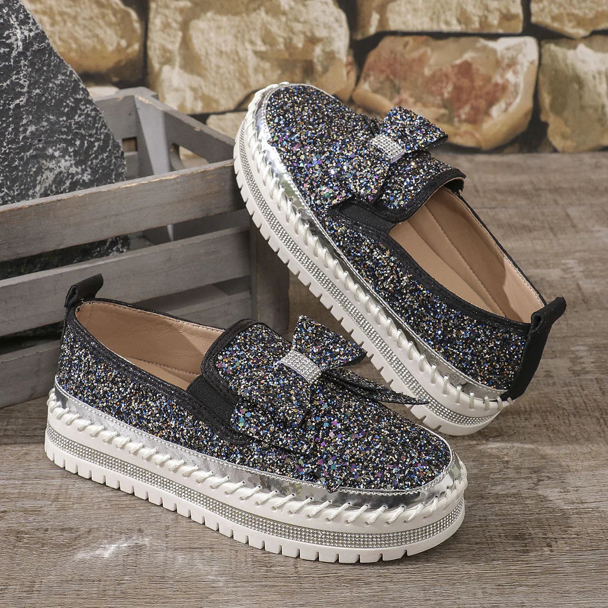 Plus Size Rhinestone Platform Loafers Women - VAleG