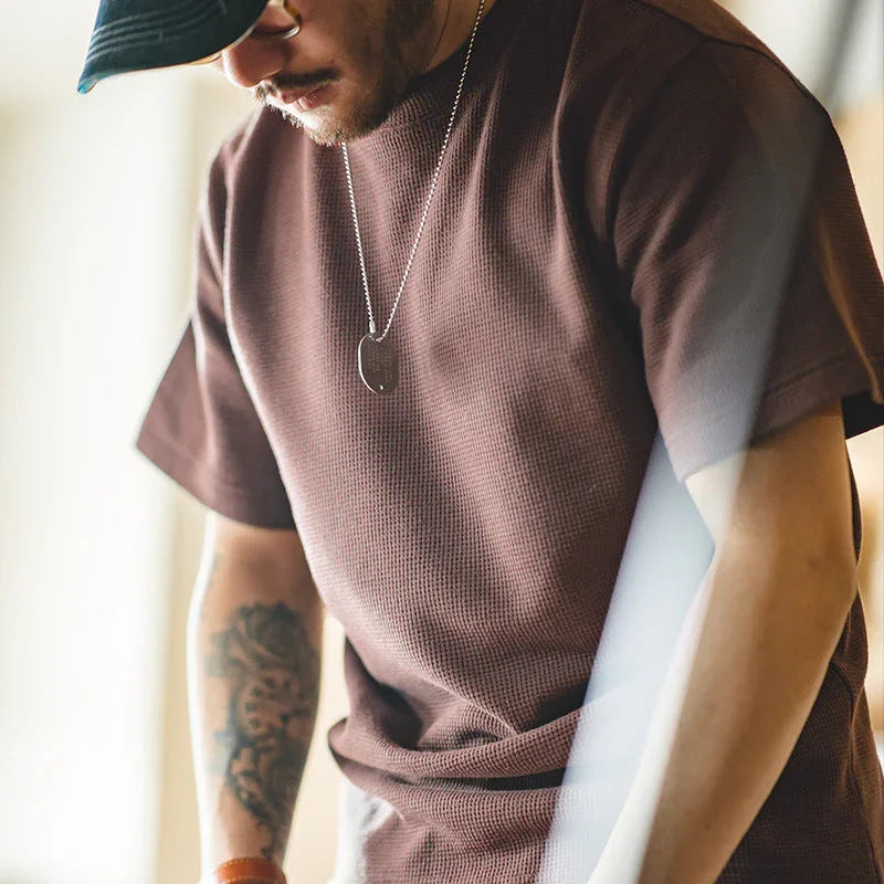Waffle Round Neck Knitted Short Sleeve T-shirt Half Sleeve Bottoming Shirt - VAleG