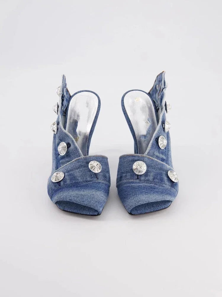 Women's Stiletto Heel Square Toe Denim Metal Rivet Slippers - VAleG