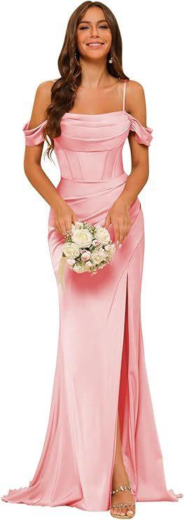 Off-the-shoulder Satin Bridesmaid Corset Ball Gown - VAleG