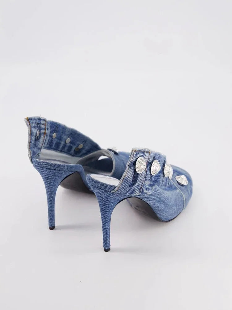 Women's Stiletto Heel Square Toe Denim Metal Rivet Slippers - VAleG