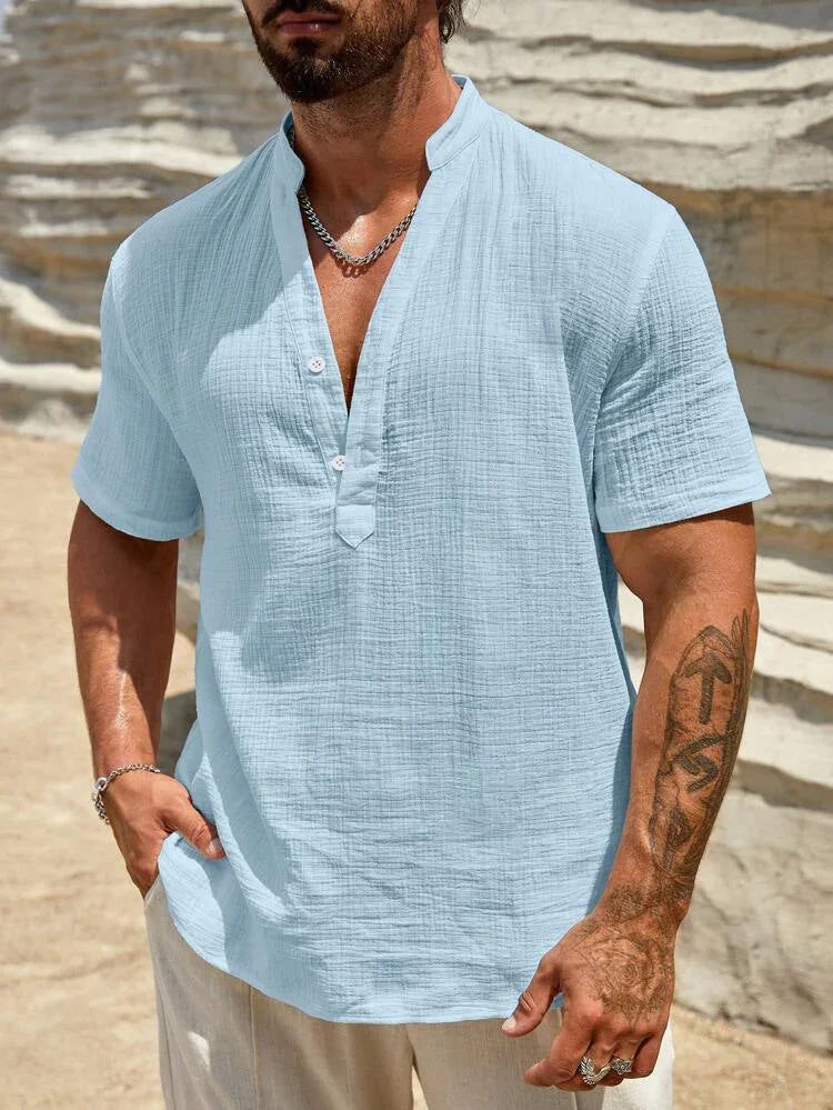 Men's Single-layer Solid Color Breathable Stand Collar Short-sleeved Shirt - VAleG