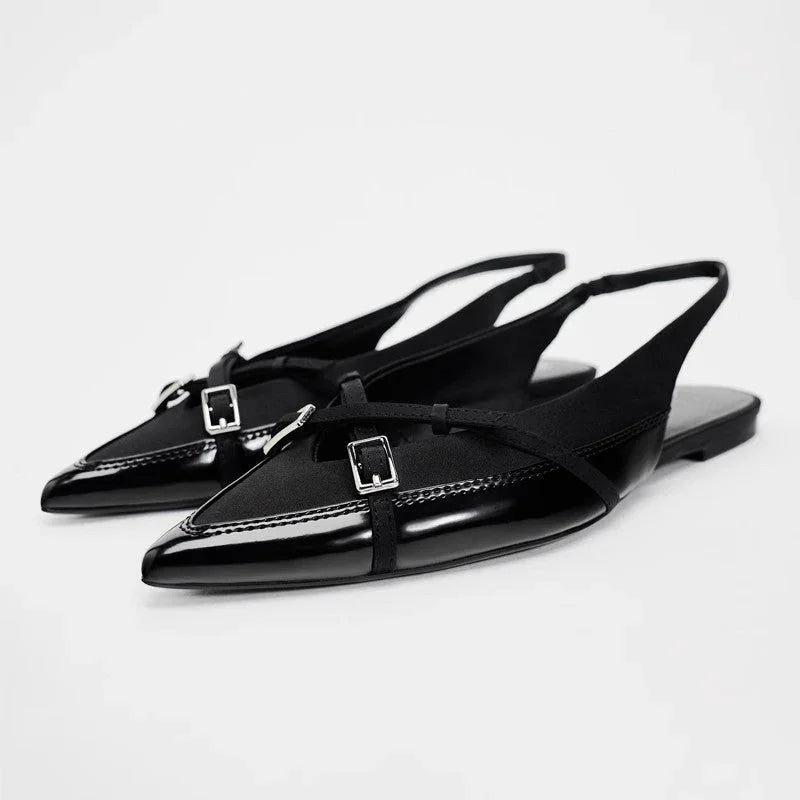 Closed Toe Sandals Women's Black Cross Strap Patent Leather Flat Casual Mules - VAleG