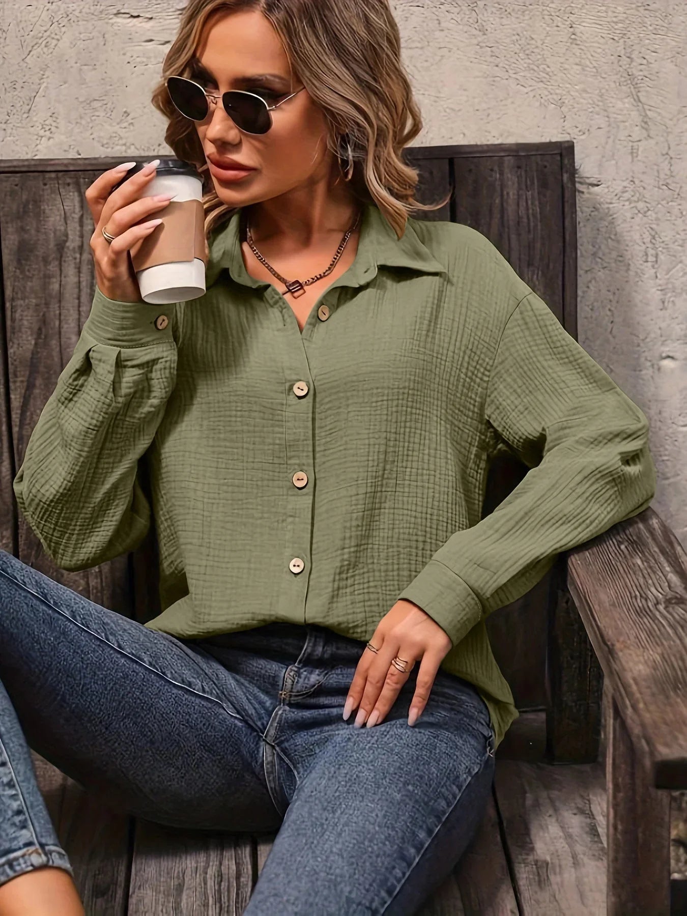 Women's Solid Color Front Button Drop Shoulder Shirt Women's - VAleG