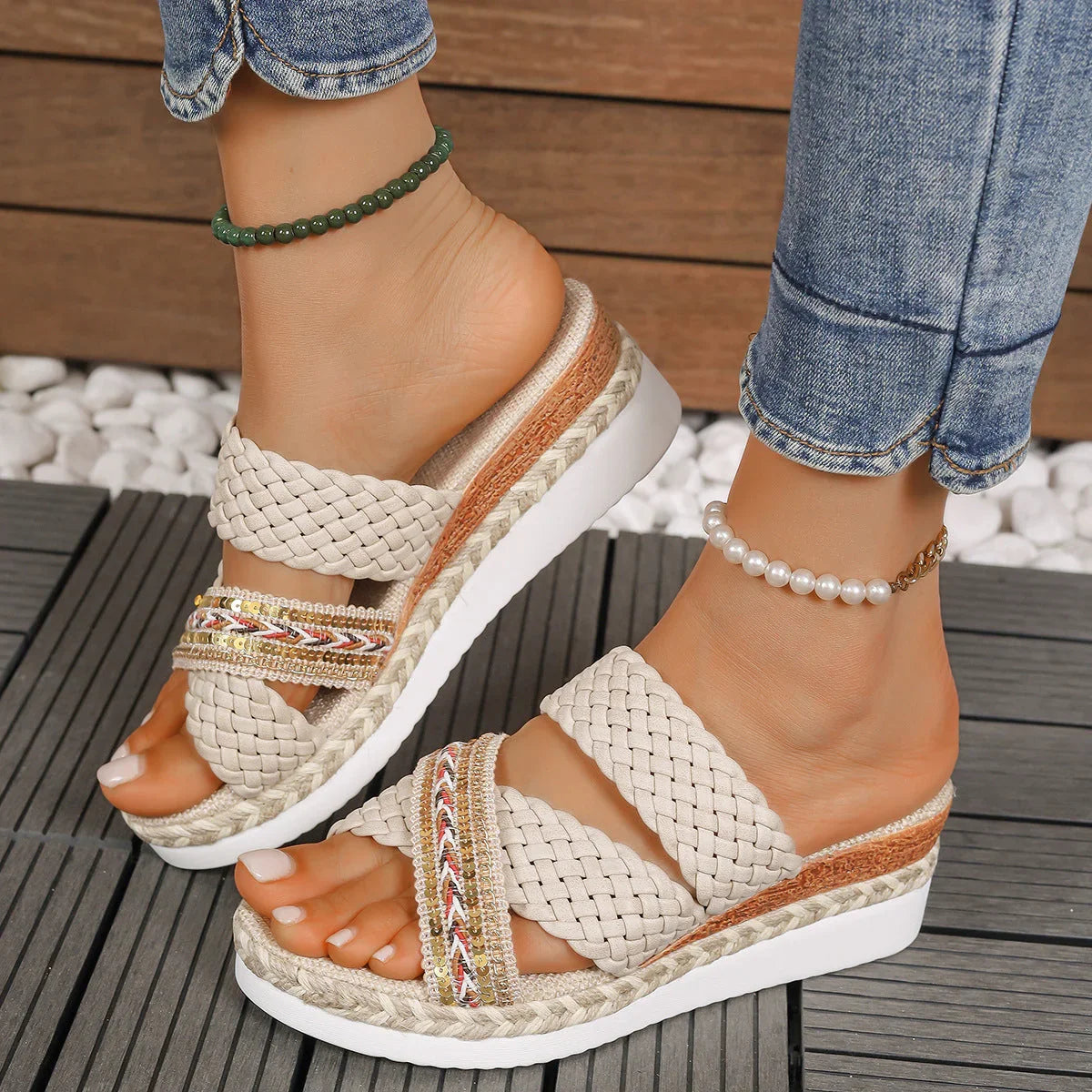 Thick Bottom Ladies Hemp Rope Woven Casual Slippers - VAleG