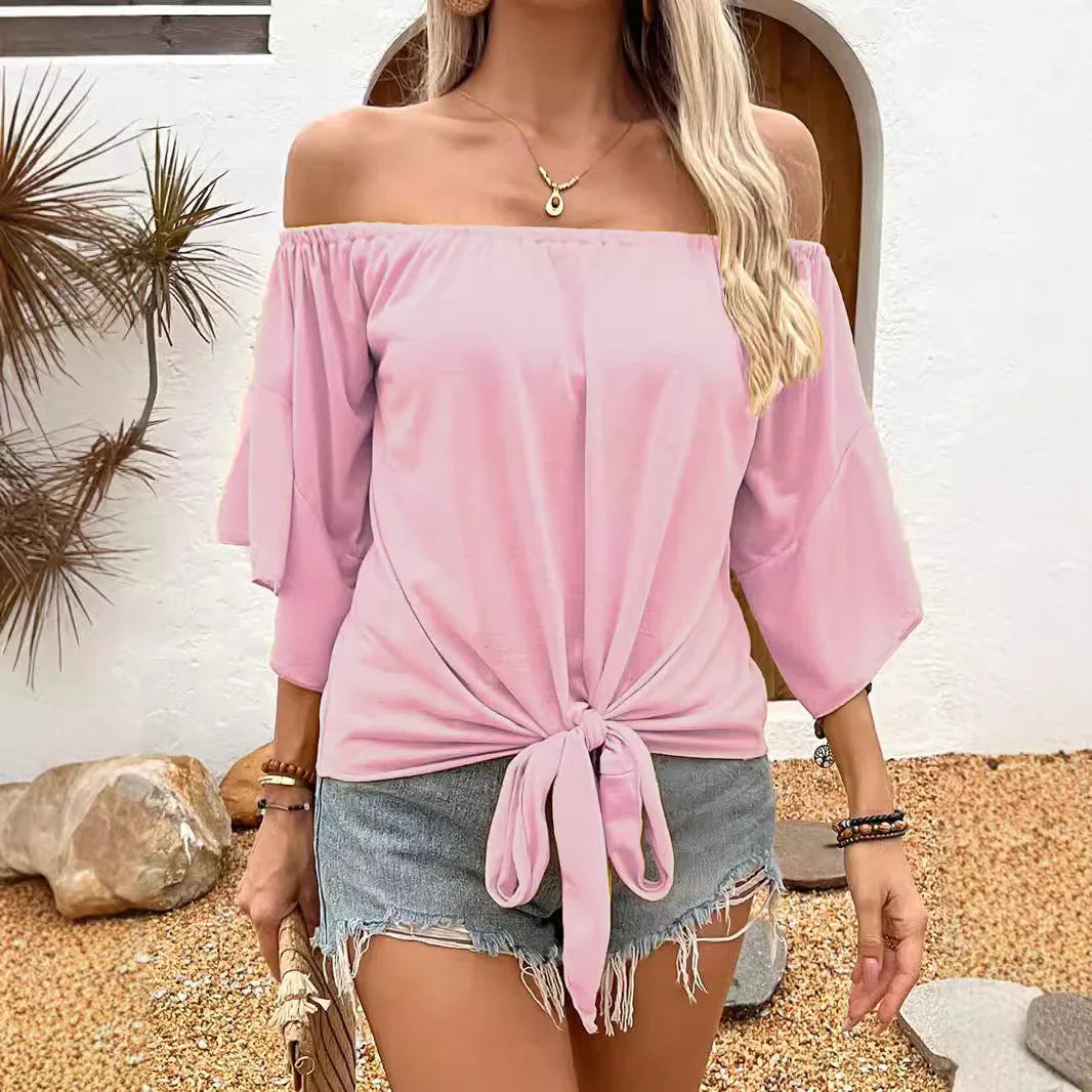 Summer Fall Women's Clothing Solid Color Off-shoulder Casual T-shirt Top - VAleG