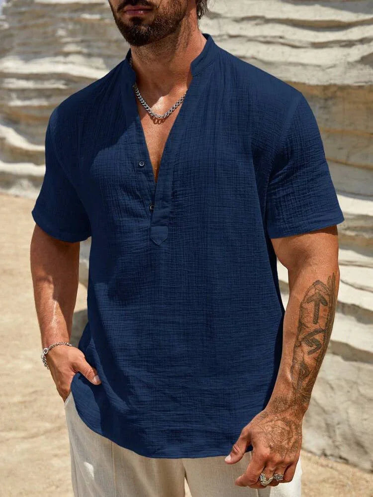 Men's Single-layer Solid Color Breathable Stand Collar Short-sleeved Shirt - VAleG