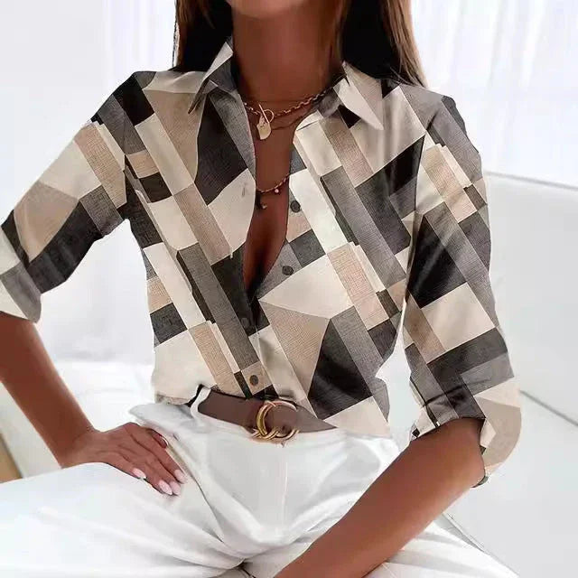 Long Sleeve Button Loose Geometric Digital Printing Shirt - VAleG