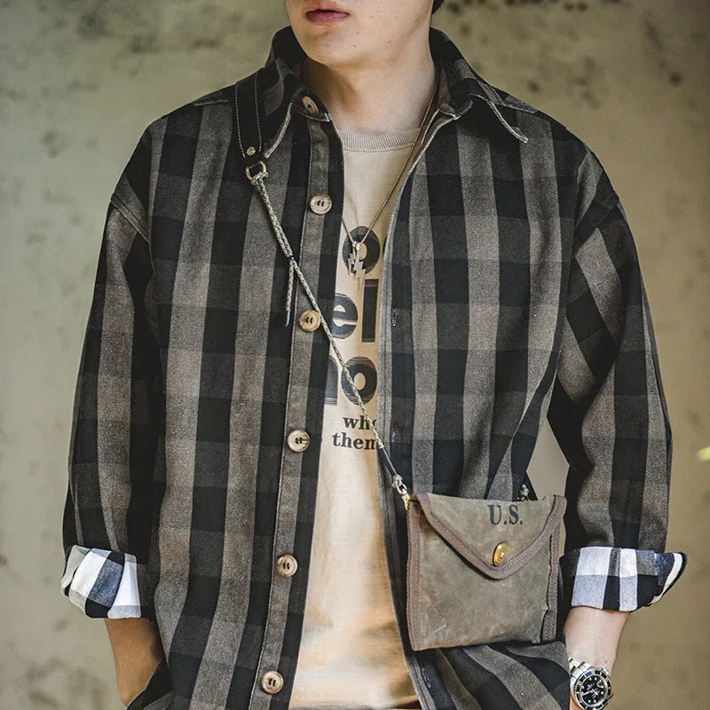 American Retro Plaid Loose Shirt Coat Men - VAleG
