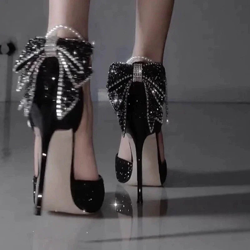 Pointed Toe Shallow Mouth Black Paillette Bow High Heels For Women - VAleG