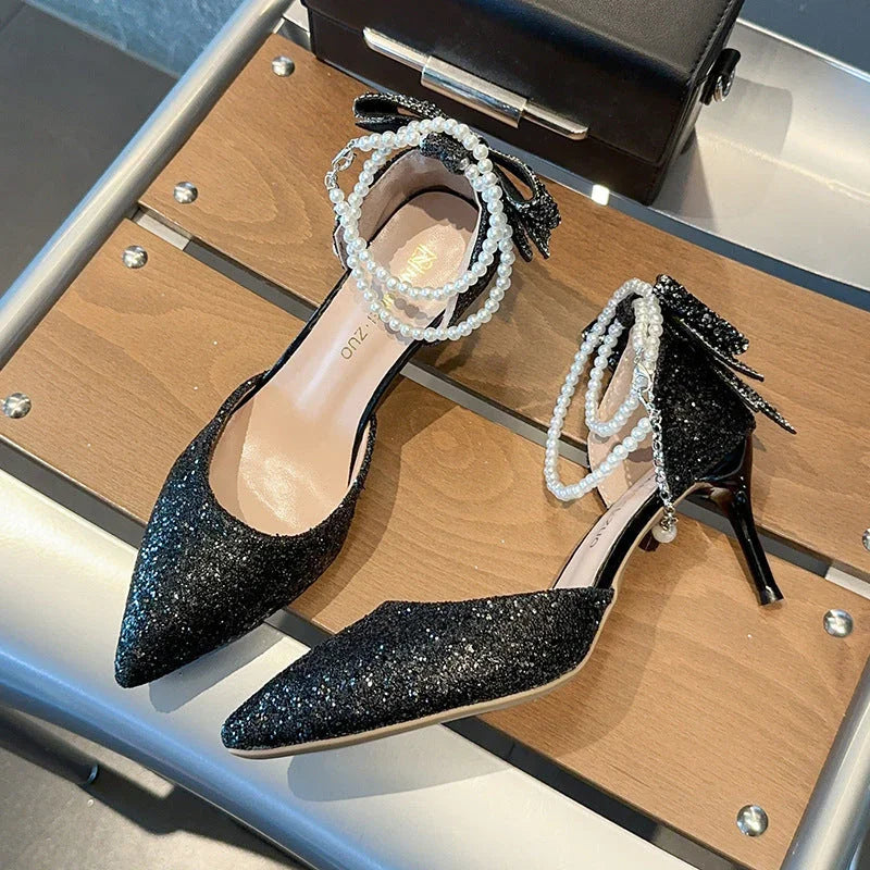 Pointed Toe Shallow Mouth Black Paillette Bow High Heels For Women - VAleG