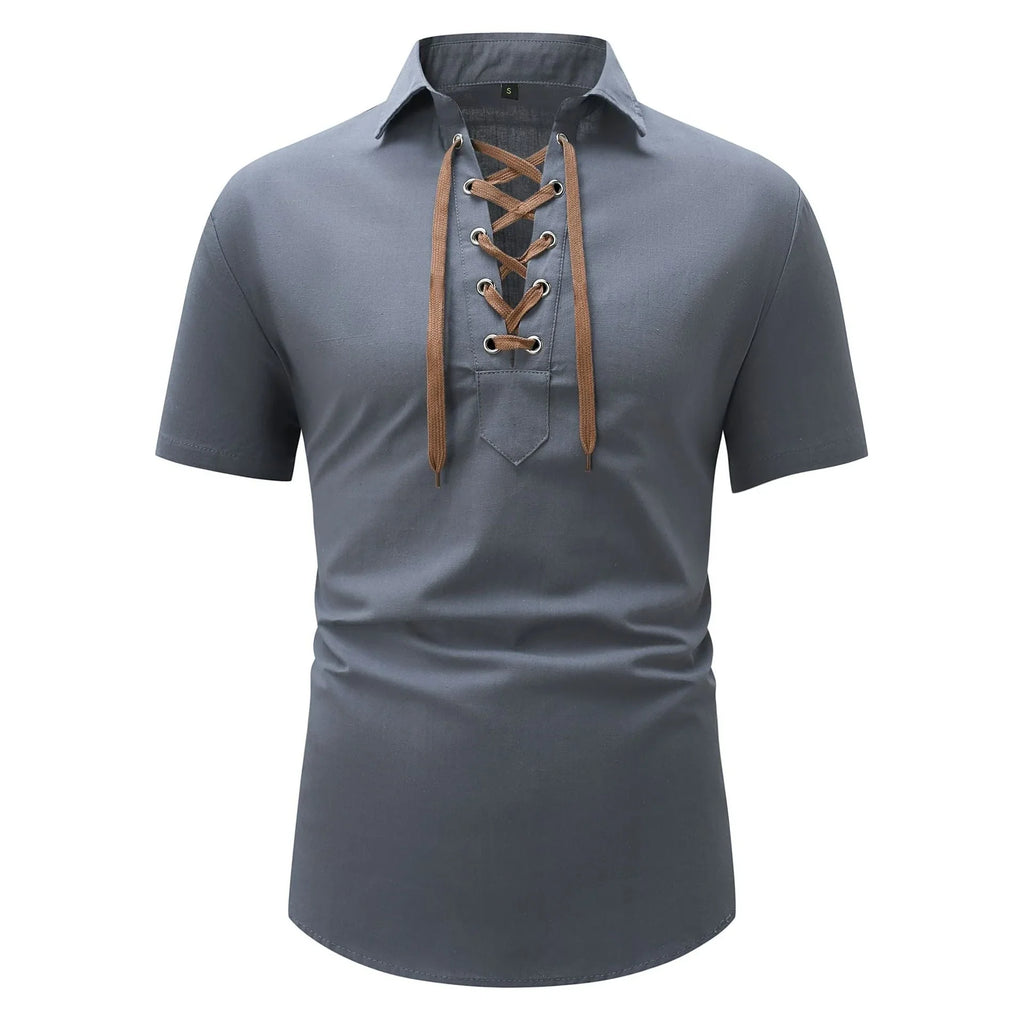 European And American Men's Cotton And Linen Lapel Loose V-neck Lace Shirt - VAleG