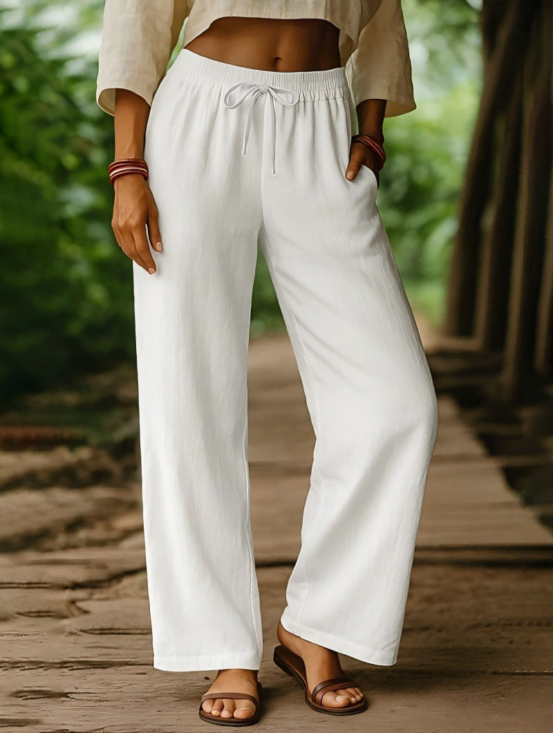 Pantaloni a gamba larga elastici casual in lino di cotone tinta unita
