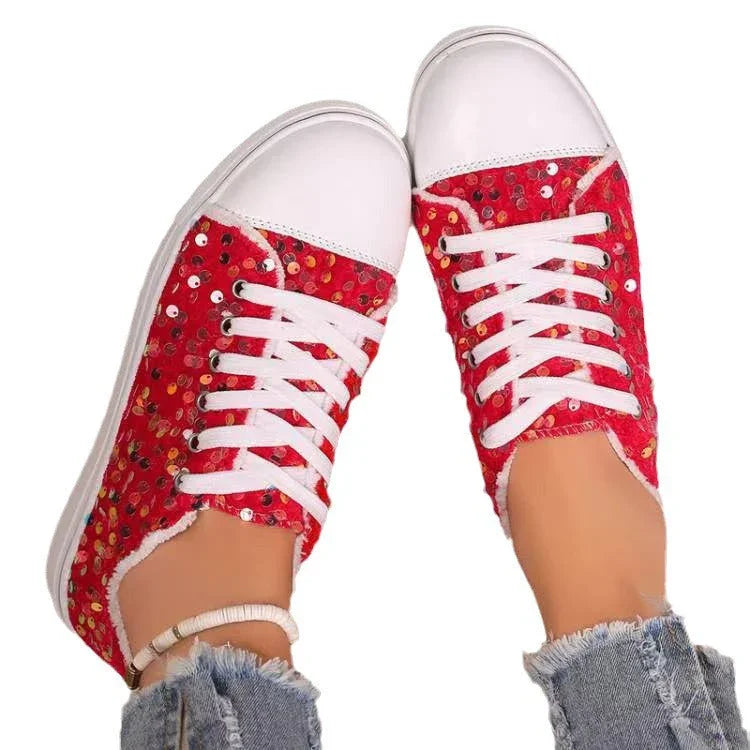Fashion Round Toe Flat Bottom Lace-up Sequins Casual Pumps - VAleG