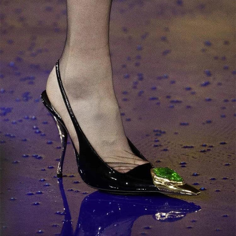 Gem Square Toe Stiletto Heel Hollow High Heel Shoes - VAleG