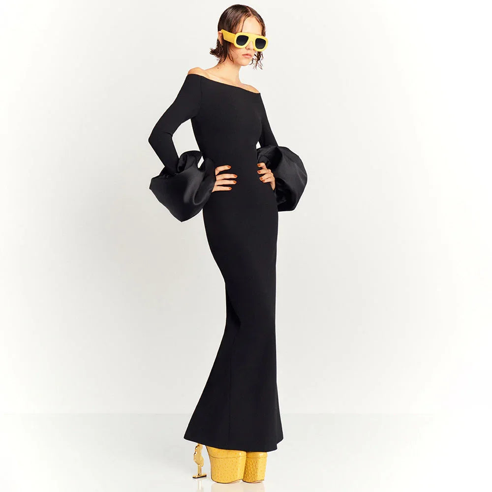 Dress Red And Black Slim-fit Long Sleeve French Lantern Sleeve Dress - VAleG