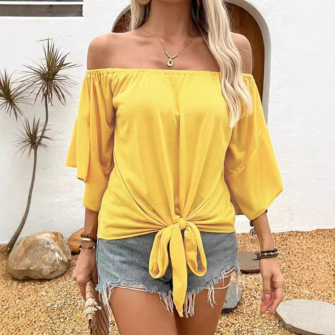 Summer Fall Women's Clothing Solid Color Off-shoulder Casual T-shirt Top - VAleG