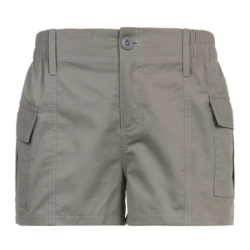 Leisure Cargo Woven Pants Elastic Waist Button Asymmetric Pocket Solid Color Low Waist Shorts - VAleG