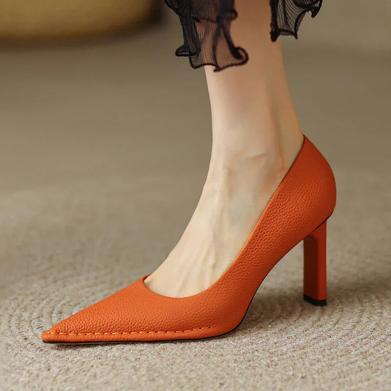 High Heel Shoes Thick High Heel Pointed Cowhide Shallow Mouth Pumps - VAleG