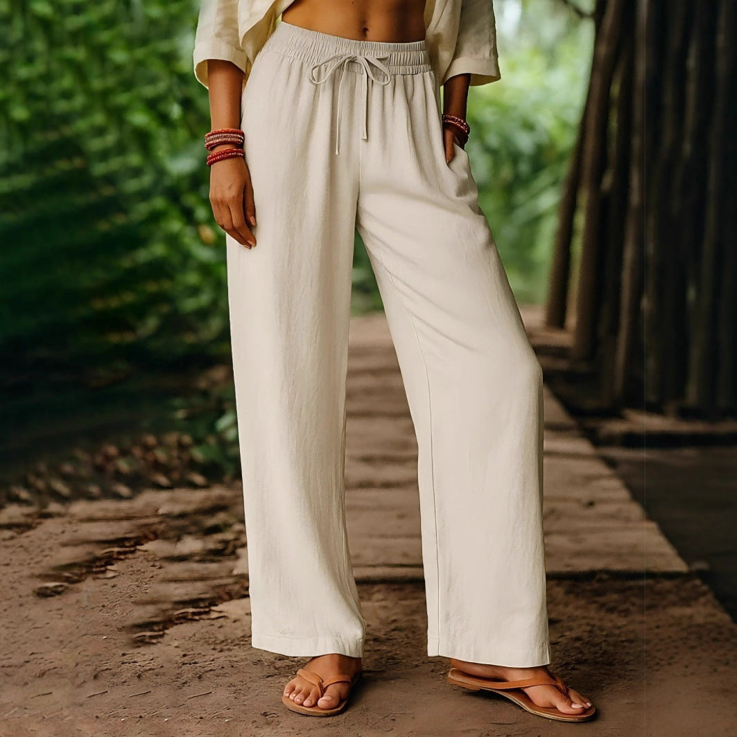 Pantaloni a gamba larga elastici casual in lino di cotone tinta unita