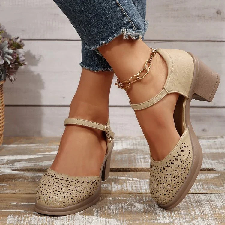 New Retro Easy Matching Hollow Out Mid Heel Toe Box Ankle-strap Buckle Pumps Women - VAleG