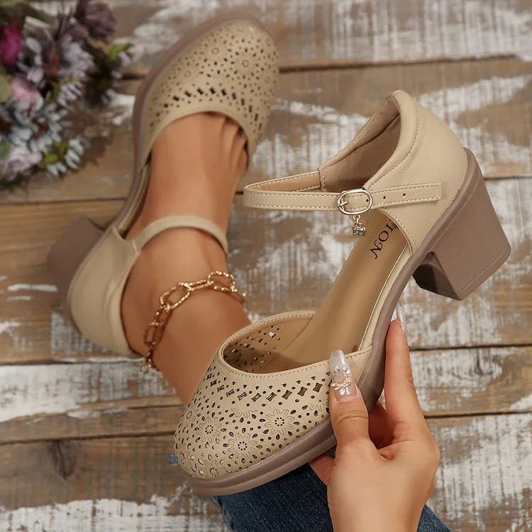 New Retro Easy Matching Hollow Out Mid Heel Toe Box Ankle-strap Buckle Pumps Women - VAleG