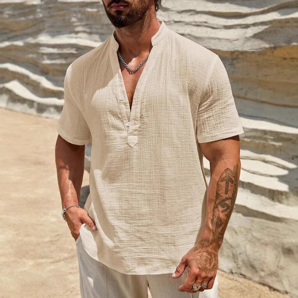 Men's Single-layer Solid Color Breathable Stand Collar Short-sleeved Shirt - VAleG