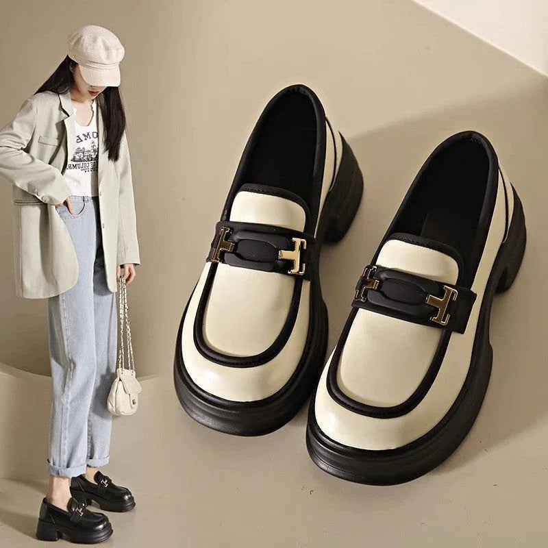 Chunky Heel Fashion Round Toe All-matching Casual Leather Shoes - VAleG