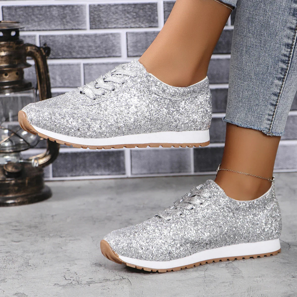Beautiful Sequin Lace-up Flat Casual Sports Single-layer Shoes Women - VAleG